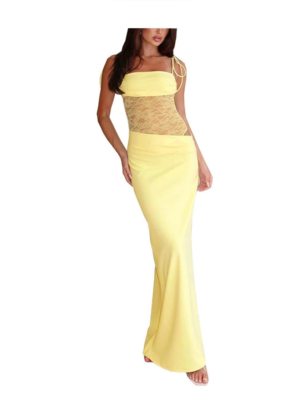 Y2K Yellow GRMLRPT Maxi Dress Spaghetti Straps Sheer Long Bodycon